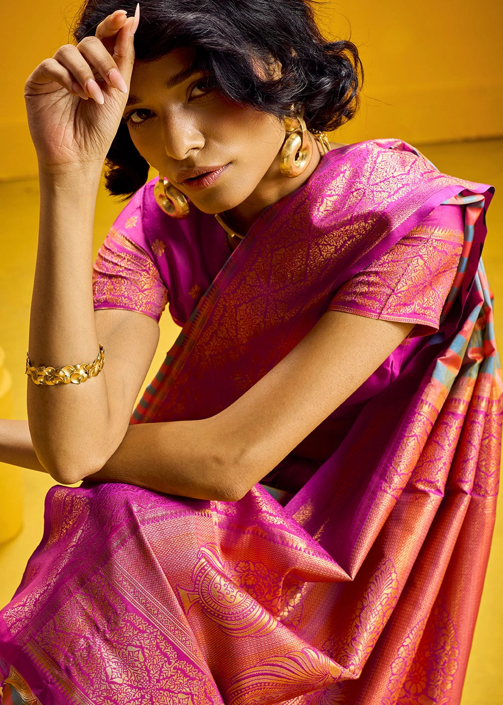 Pink and Green Handloom Silk Saree with Traditional Checks Weaving