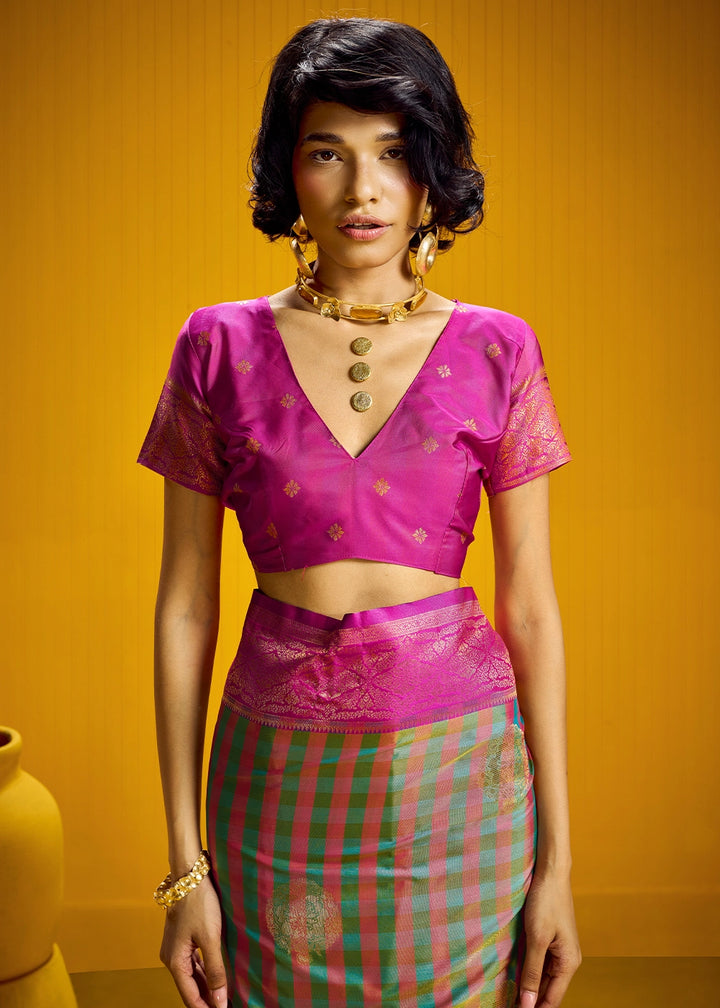 Pink and Green Handloom Silk Saree with Traditional Checks Weaving