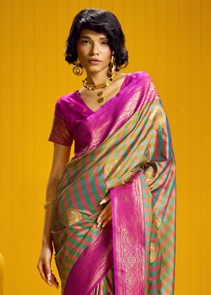 Pink and Green Handloom Silk Saree with Traditional Checks Weaving