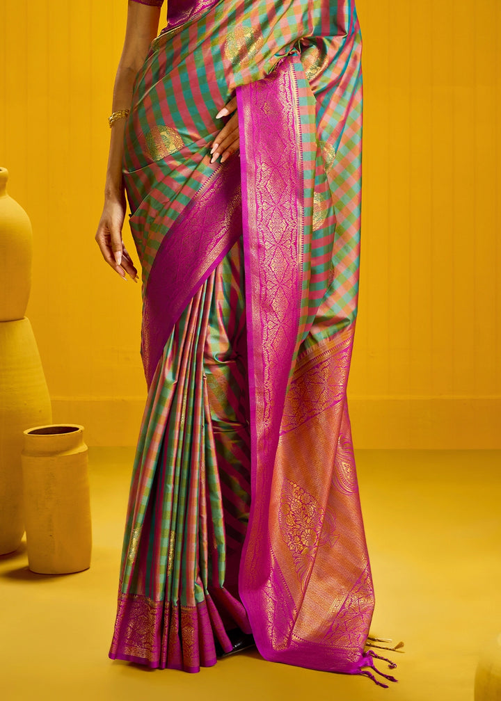 Pink and Green Handloom Silk Saree with Traditional Checks Weaving