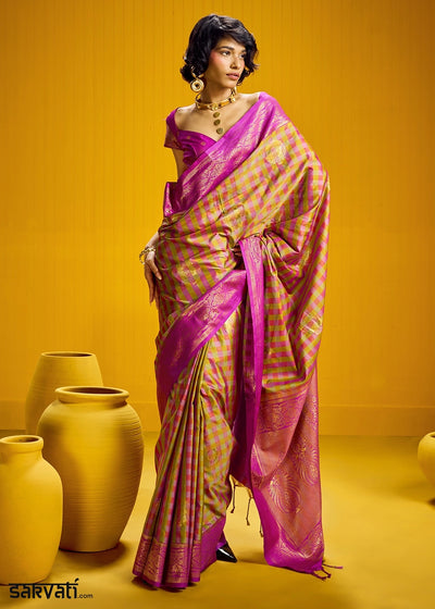 Pink and Yellow Handloom Silk Saree with Traditional Checks Weaving