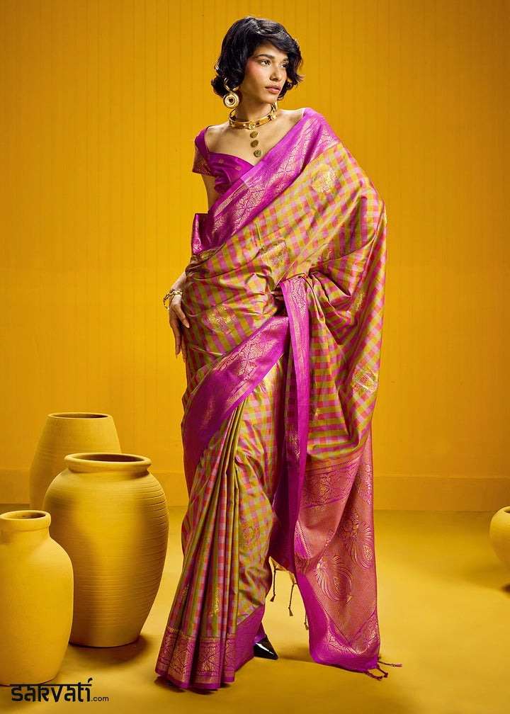 Pink and Yellow Handloom Silk Saree with Traditional Checks Weaving