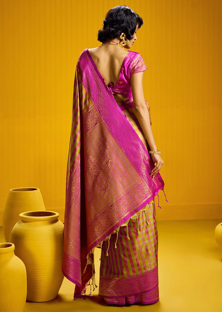 Pink and Yellow Handloom Silk Saree with Traditional Checks Weaving