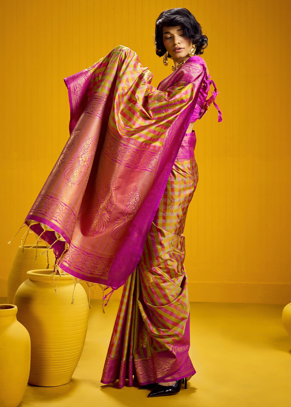 Pink and Yellow Handloom Silk Saree with Traditional Checks Weaving