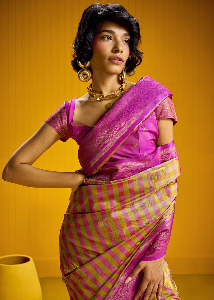 Pink and Yellow Handloom Silk Saree with Traditional Checks Weaving