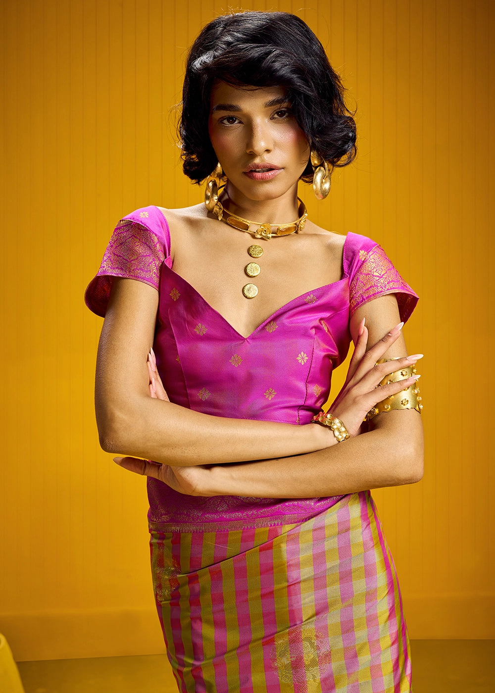 Pink and Yellow Handloom Silk Saree with Traditional Checks Weaving