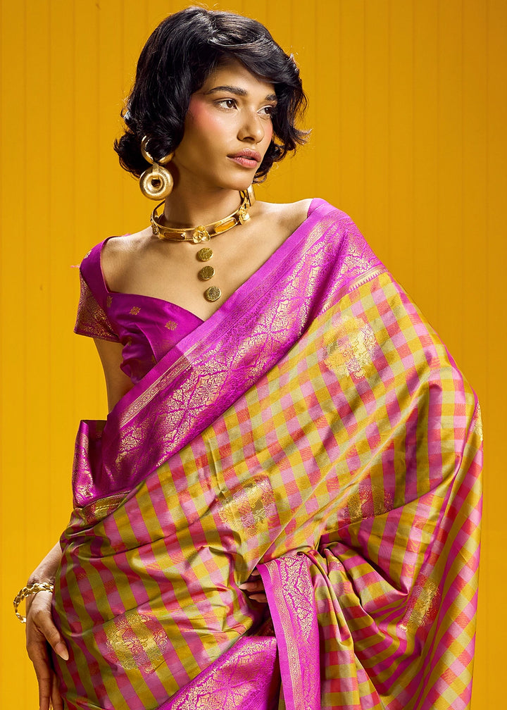 Pink and Yellow Handloom Silk Saree with Traditional Checks Weaving