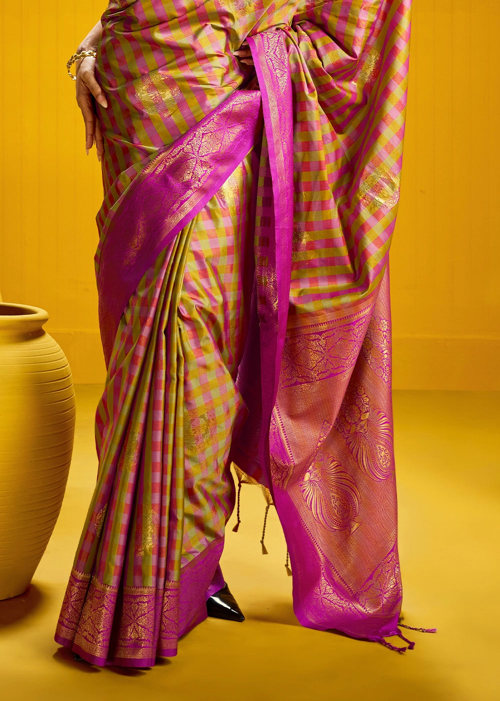 Pink and Yellow Handloom Silk Saree with Traditional Checks Weaving