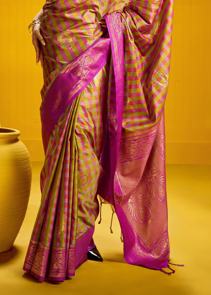 Pink and Yellow Handloom Silk Saree with Traditional Checks Weaving