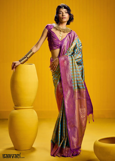 Purple and Blue Handloom Silk Saree with Traditional Checks Weaving