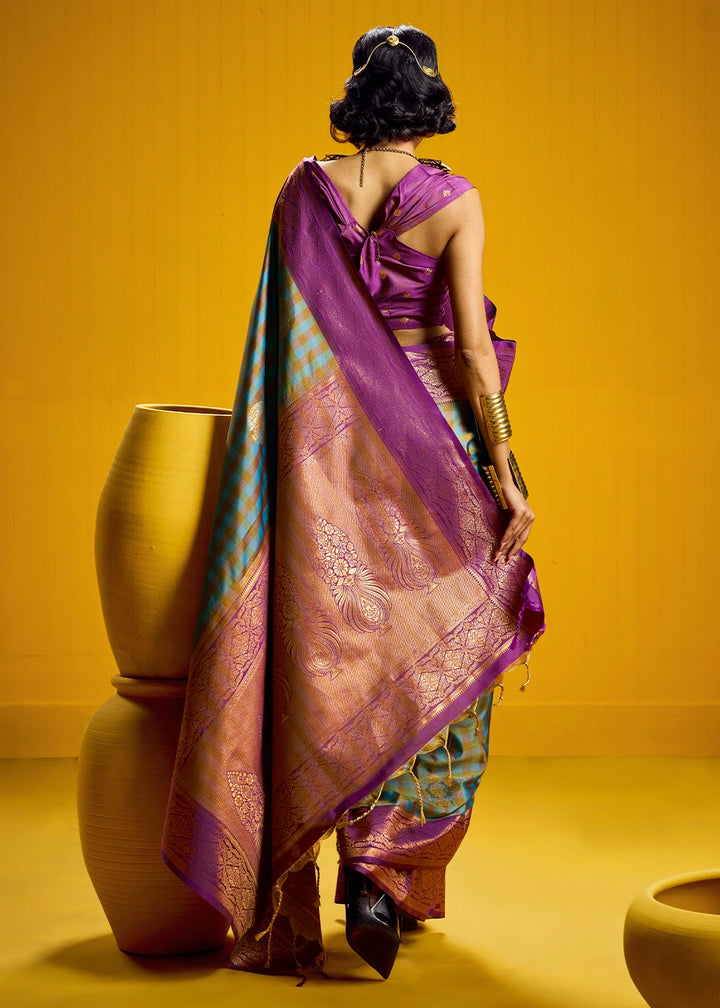 Purple and Blue Handloom Silk Saree with Traditional Checks Weaving
