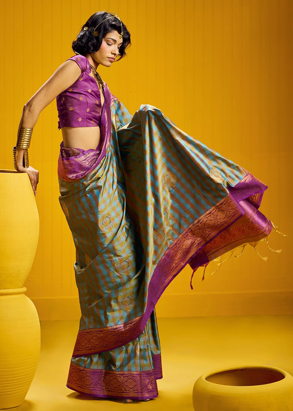 Purple and Blue Handloom Silk Saree with Traditional Checks Weaving