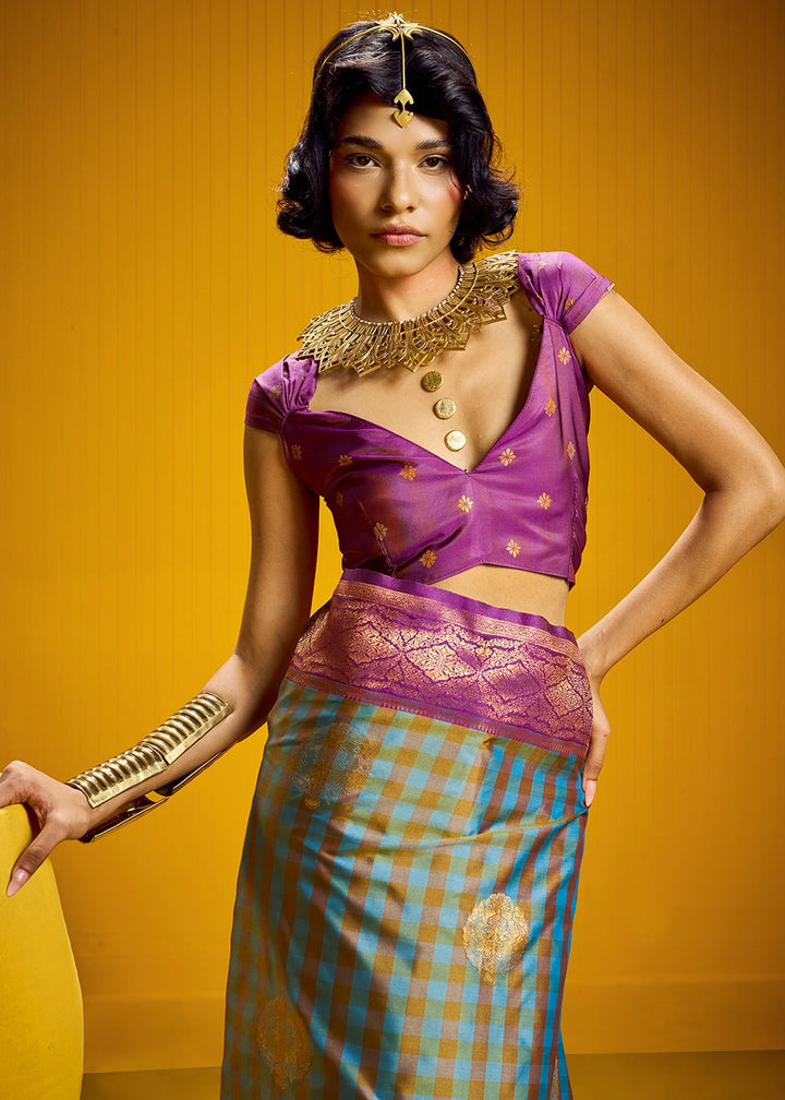 Purple and Blue Handloom Silk Saree with Traditional Checks Weaving