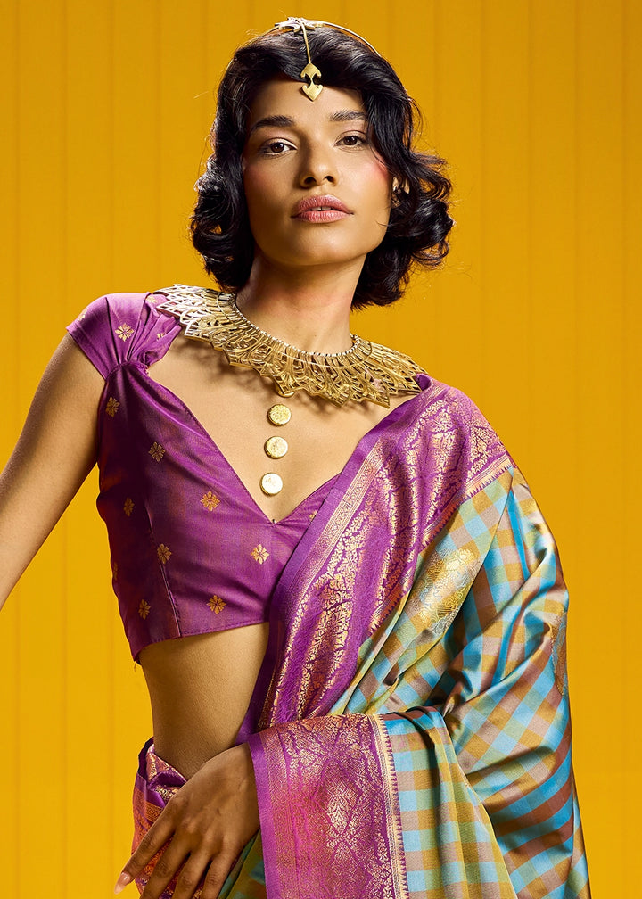 Purple and Blue Handloom Silk Saree with Traditional Checks Weaving