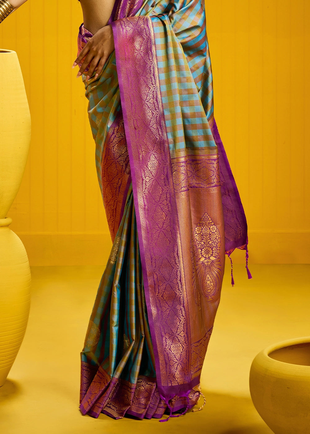 Purple and Blue Handloom Silk Saree with Traditional Checks Weaving