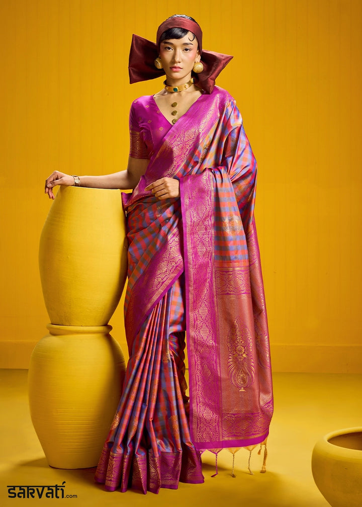 Pink and Blue Handloom Silk Saree with Traditional Checks Weaving