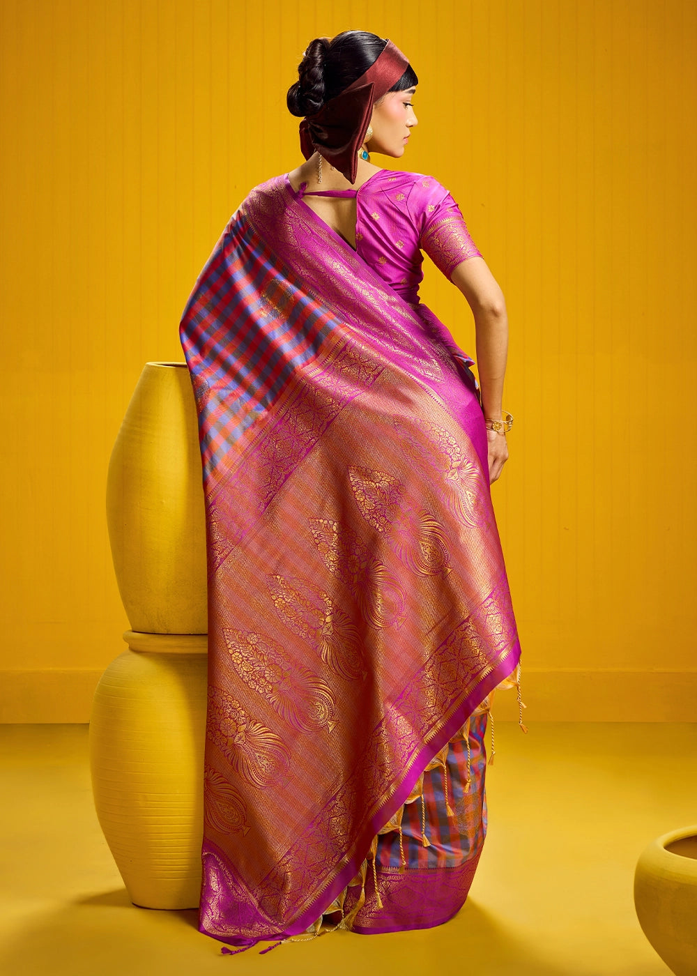 Pink and Blue Handloom Silk Saree with Traditional Checks Weaving