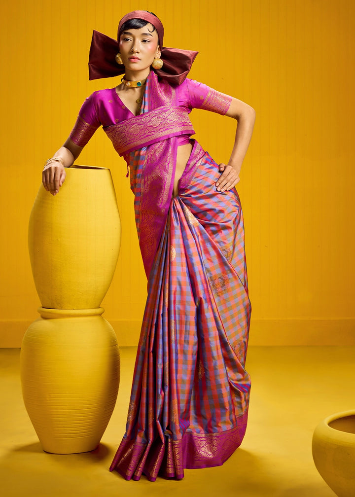 Pink and Blue Handloom Silk Saree with Traditional Checks Weaving