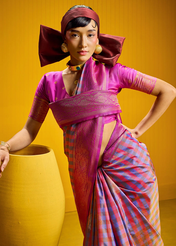 Pink and Blue Handloom Silk Saree with Traditional Checks Weaving