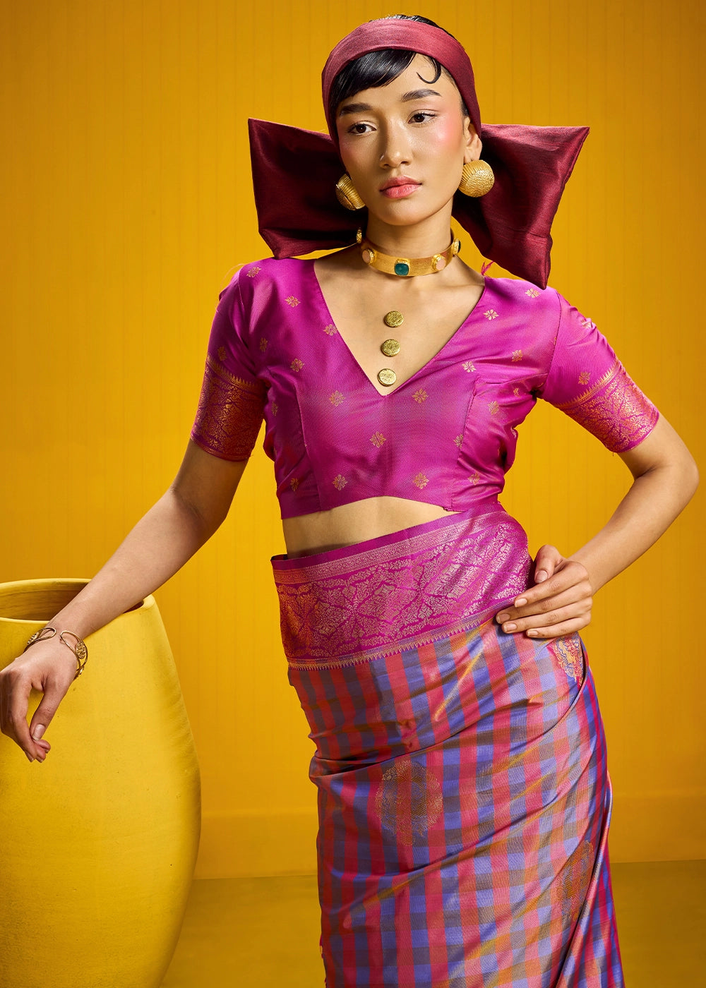 Pink and Blue Handloom Silk Saree with Traditional Checks Weaving