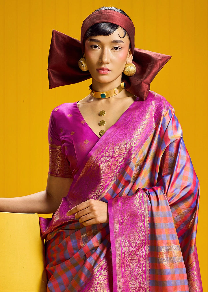 Pink and Blue Handloom Silk Saree with Traditional Checks Weaving