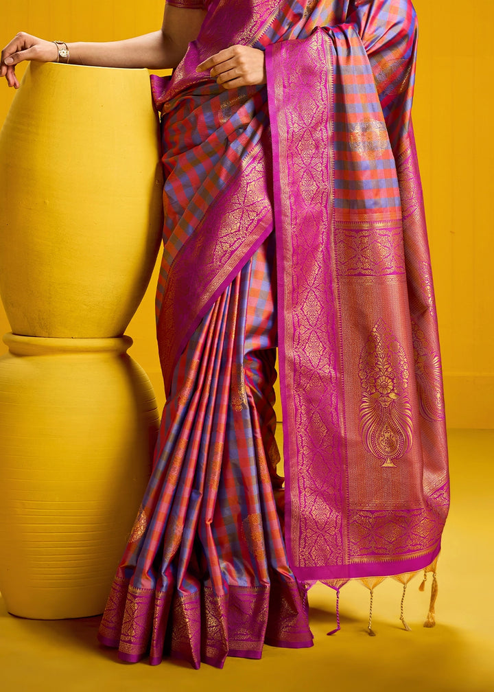 Pink and Blue Handloom Silk Saree with Traditional Checks Weaving