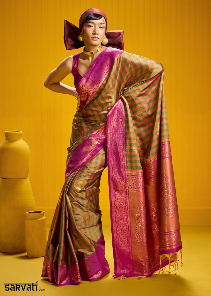 Pink and Green Handloom Silk Saree with Traditional Checks Weaving