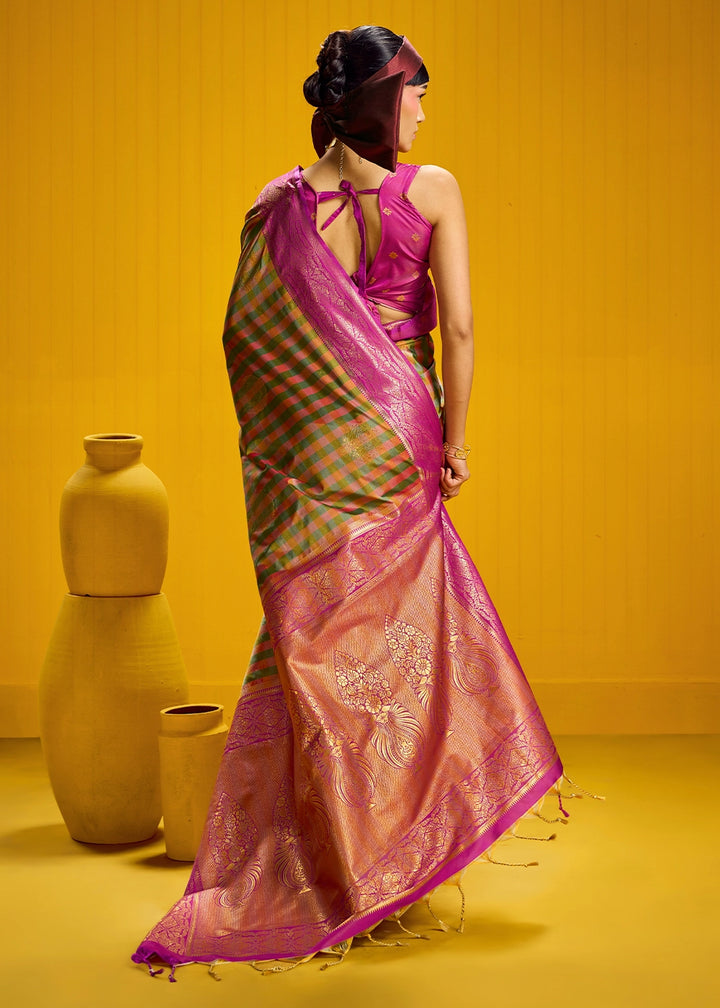 Pink and Green Handloom Silk Saree with Traditional Checks Weaving