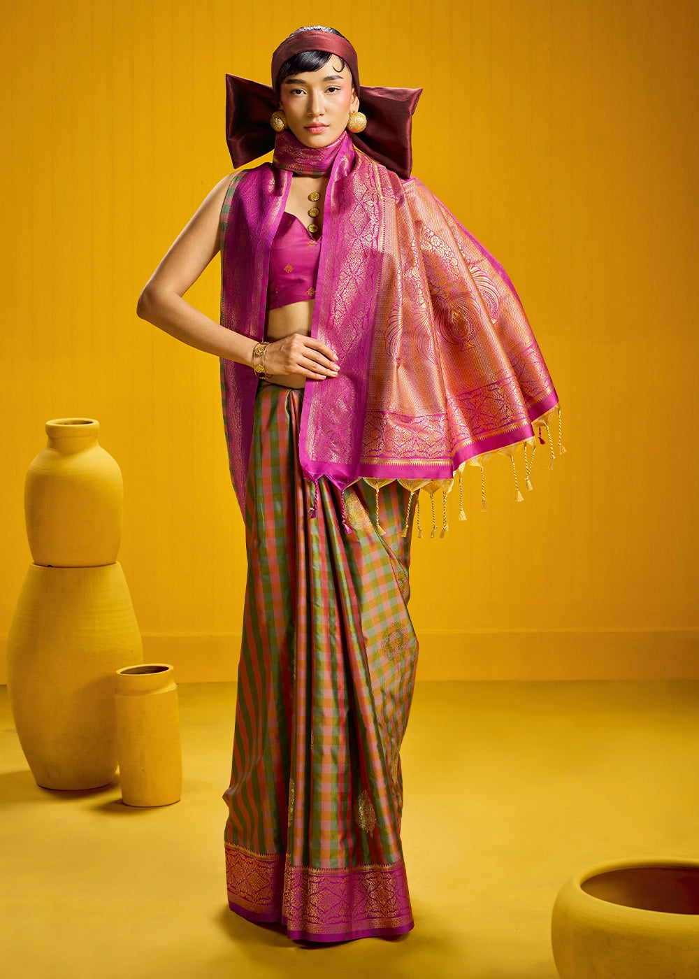 Pink and Green Handloom Silk Saree with Traditional Checks Weaving