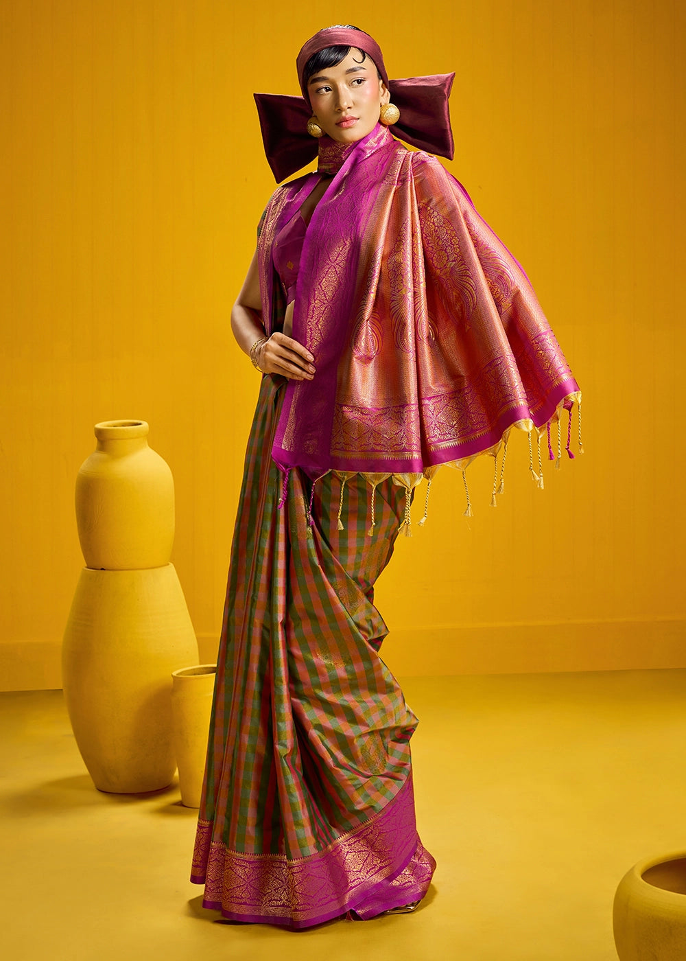 Pink and Green Handloom Silk Saree with Traditional Checks Weaving