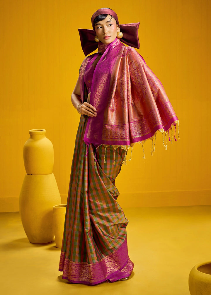 Pink and Green Handloom Silk Saree with Traditional Checks Weaving