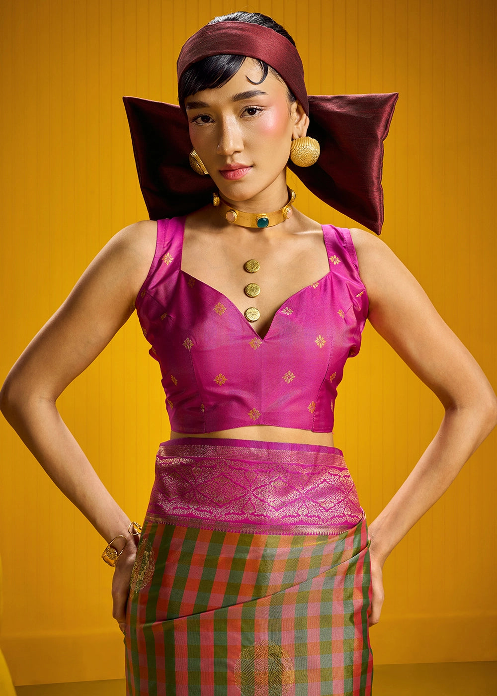 Pink and Green Handloom Silk Saree with Traditional Checks Weaving