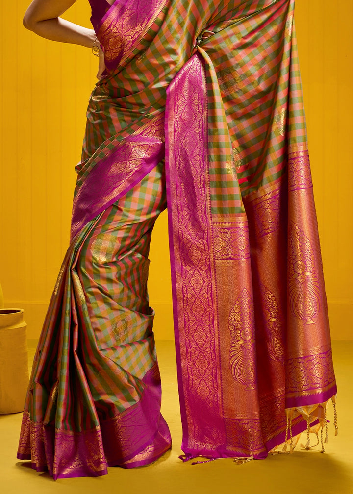 Pink and Green Handloom Silk Saree with Traditional Checks Weaving