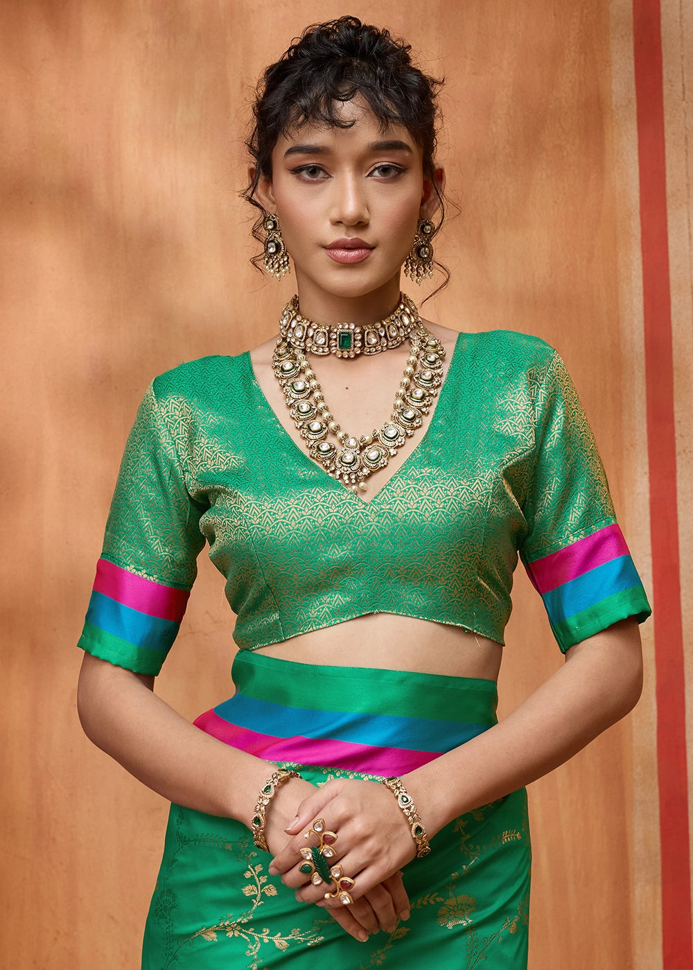 Jungle Green Soft Silk Satin Patta Handloom Saree