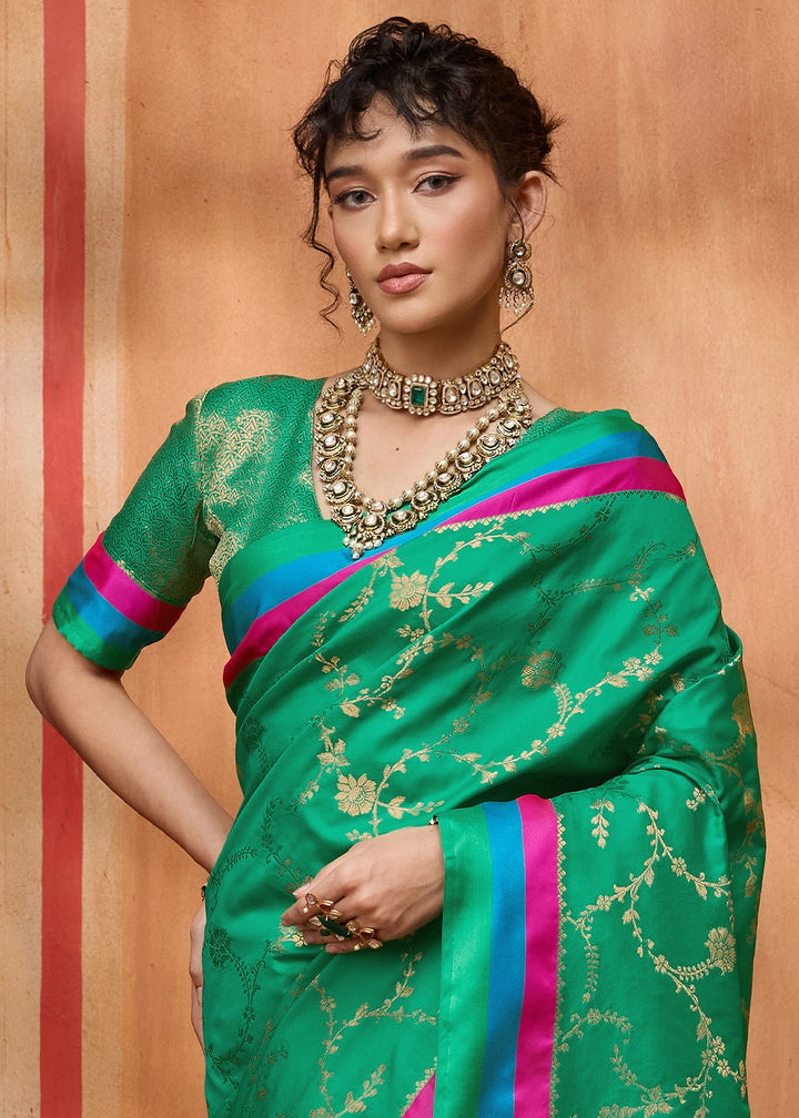 Jungle Green Soft Silk Satin Patta Handloom Saree