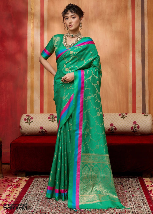 Jungle Green Soft Silk Satin Patta Handloom Saree
