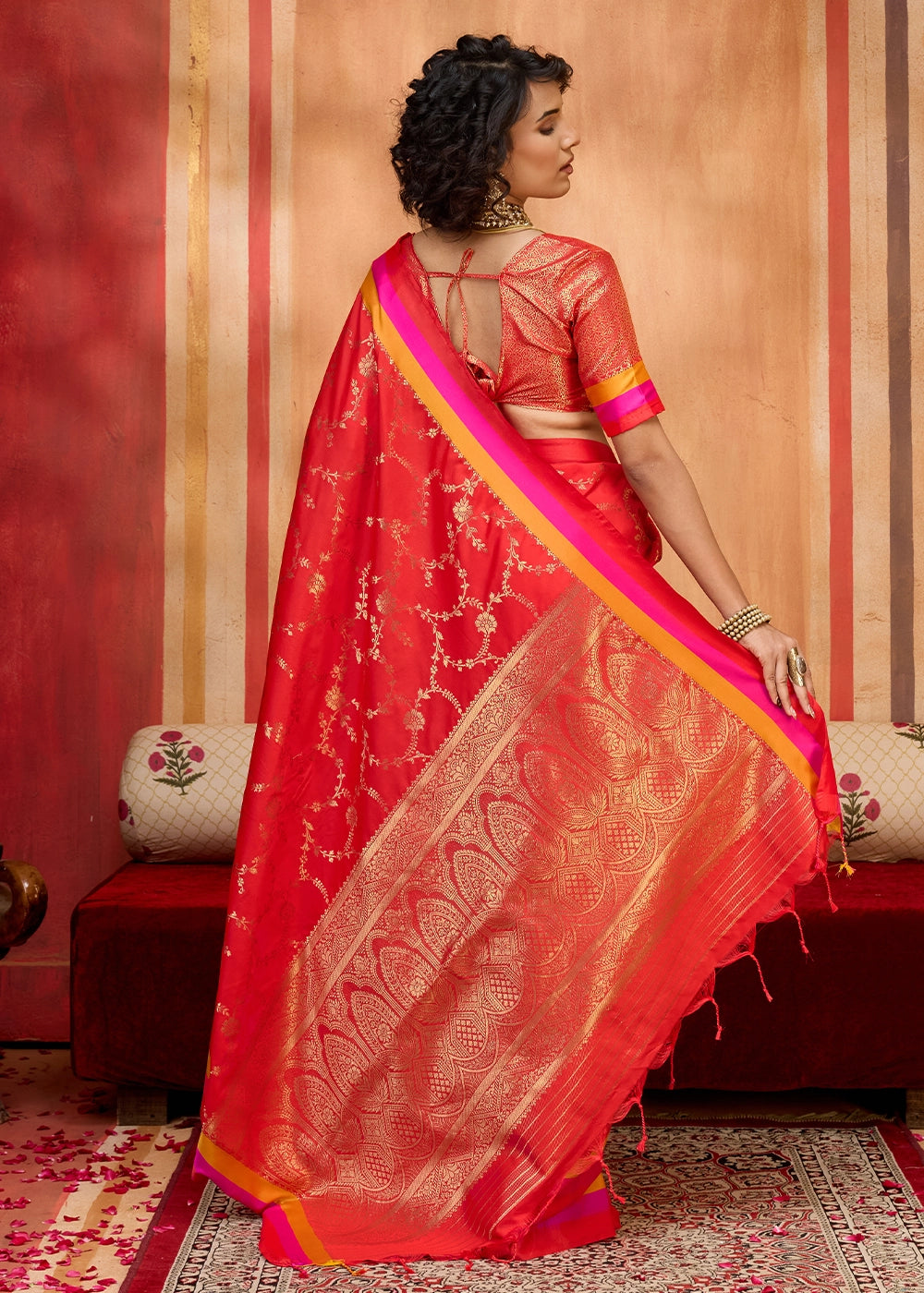 Crimson Red Soft Silk Satin Patta Handloom Saree