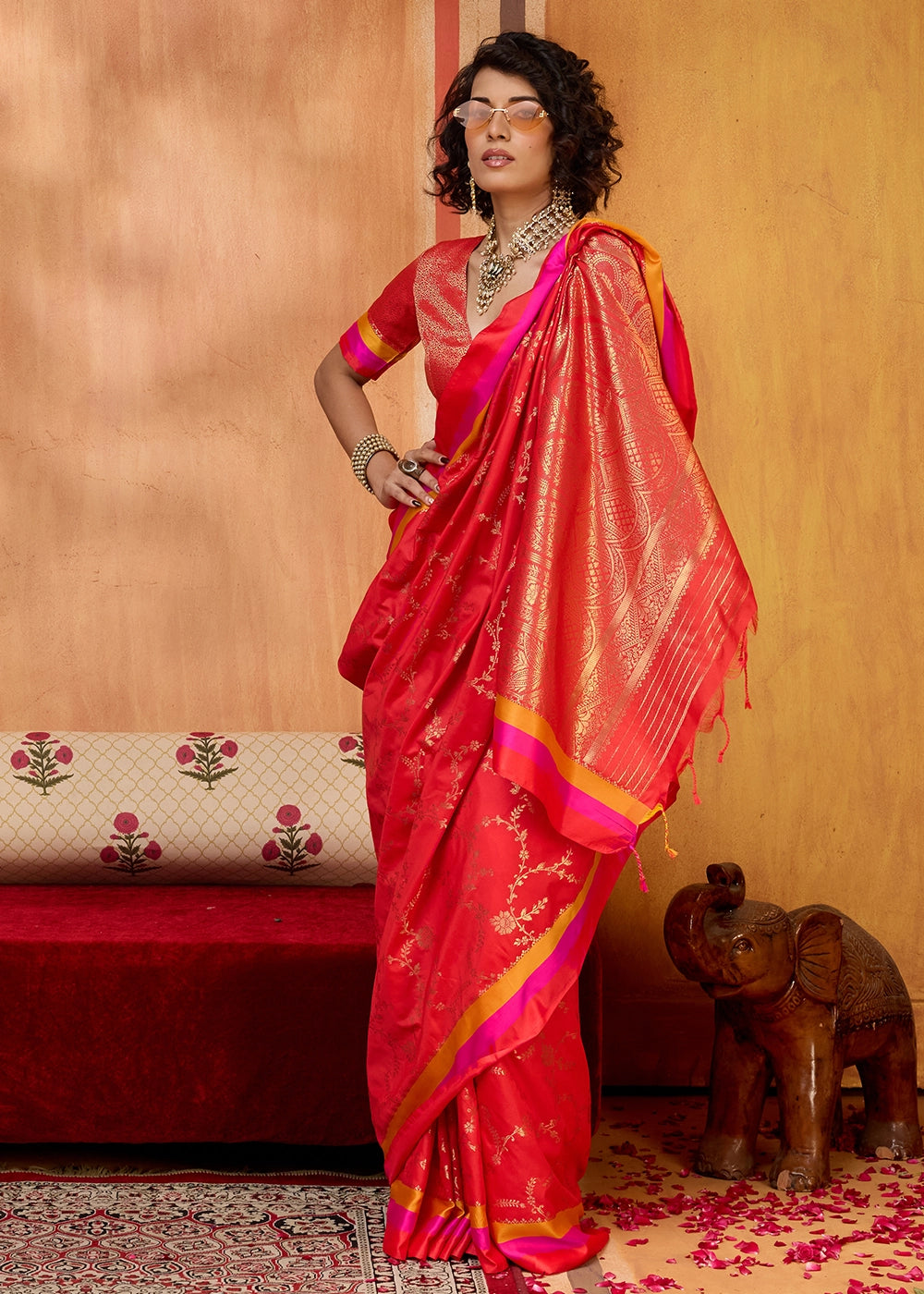 Crimson Red Soft Silk Satin Patta Handloom Saree
