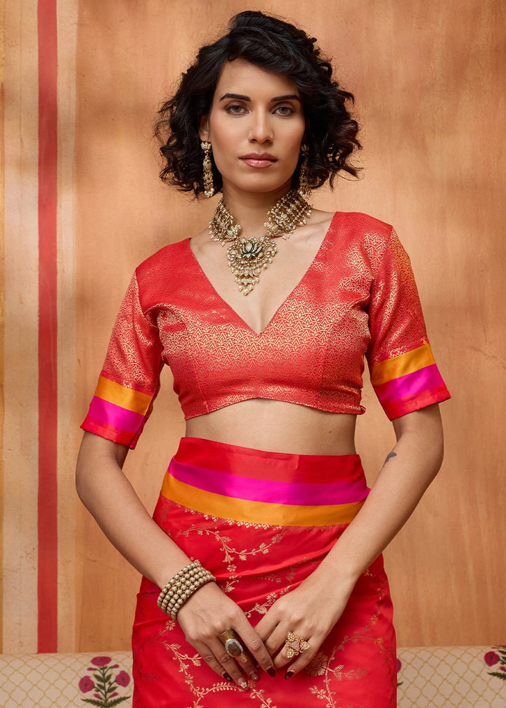 Crimson Red Soft Silk Satin Patta Handloom Saree