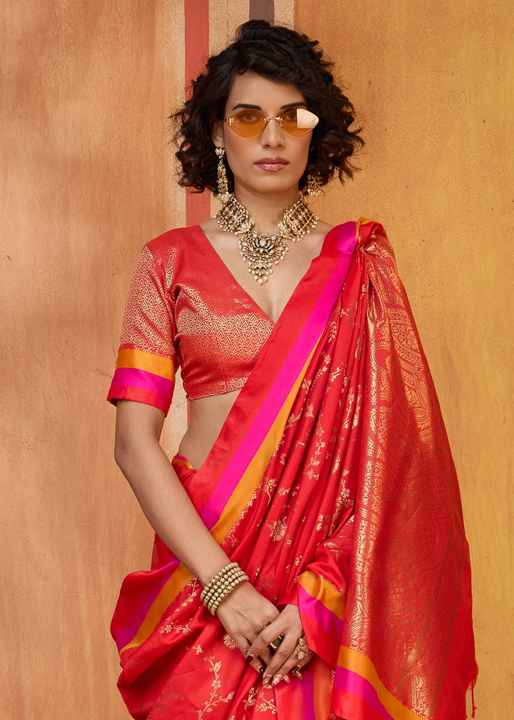 Crimson Red Soft Silk Satin Patta Handloom Saree