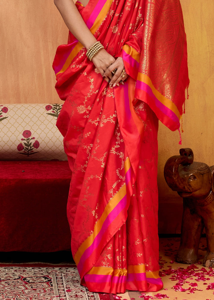 Crimson Red Soft Silk Satin Patta Handloom Saree