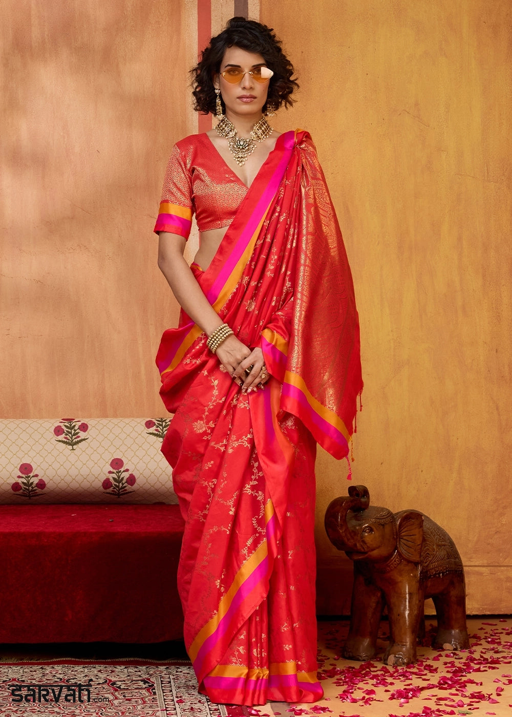 Crimson Red Soft Silk Satin Patta Handloom Saree