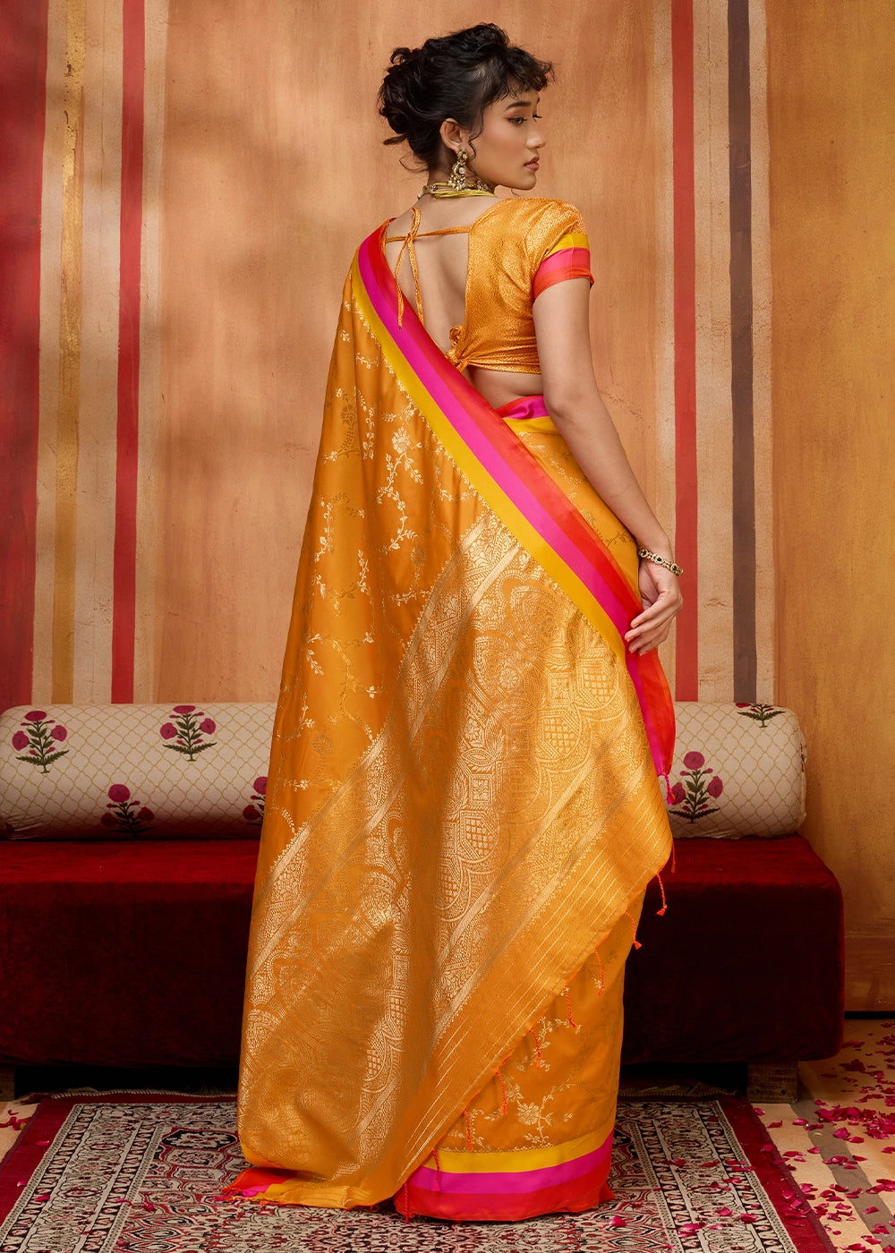 Mustard Yellow Soft Silk Satin Patta Handloom Saree