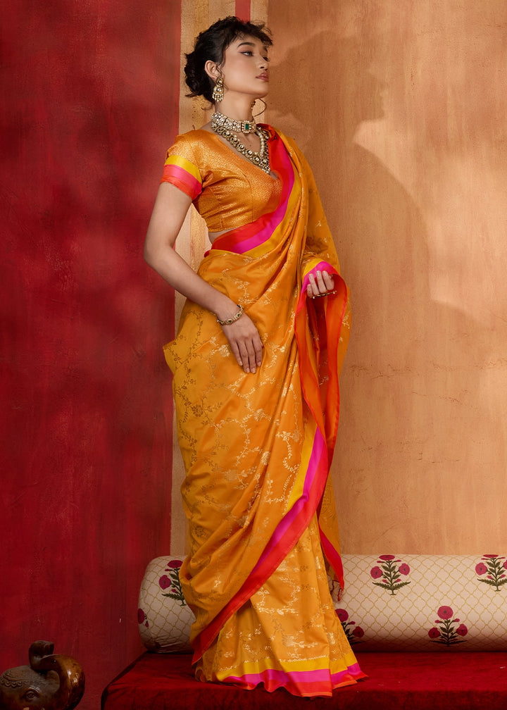 Mustard Yellow Soft Silk Satin Patta Handloom Saree