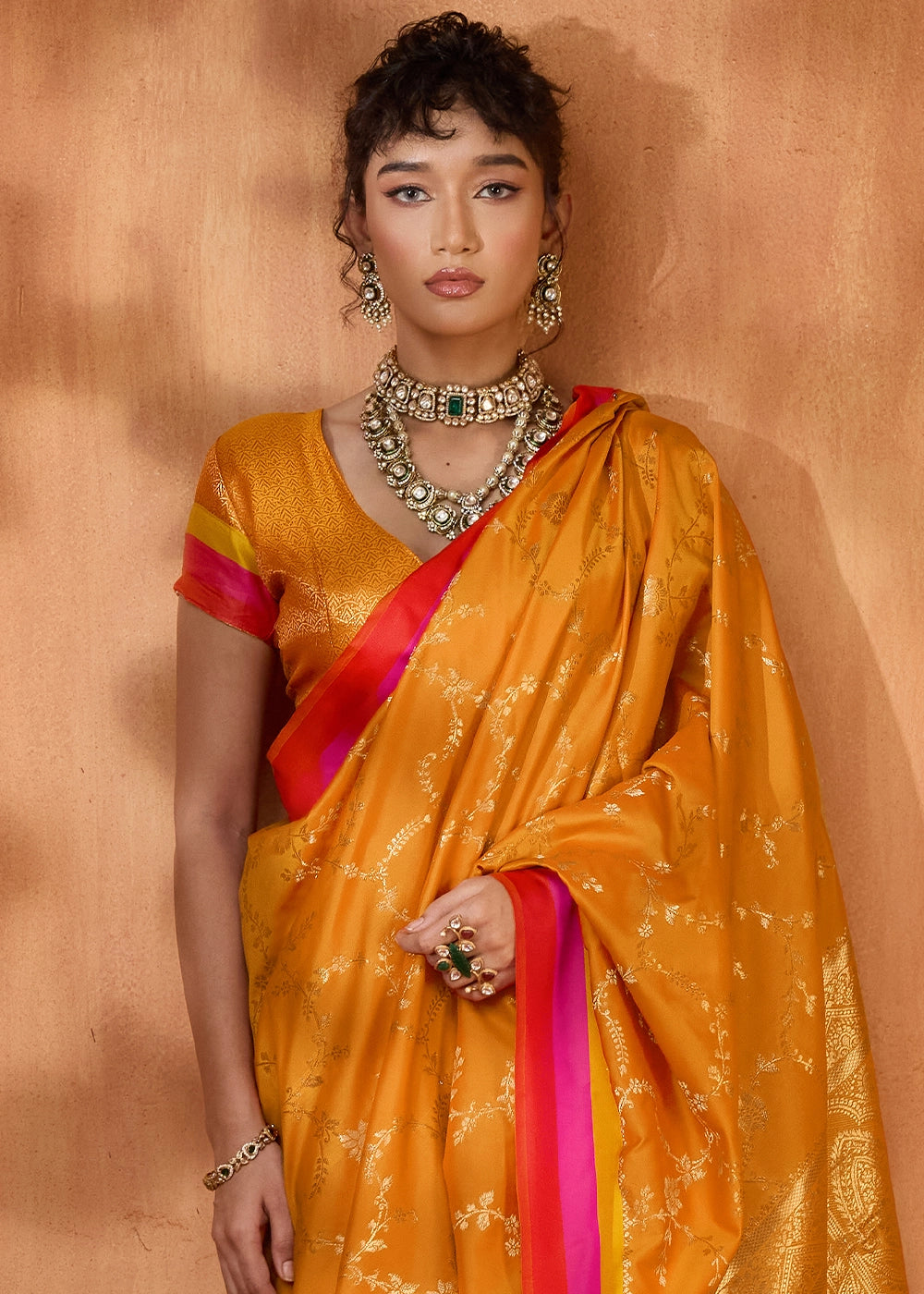 Mustard Yellow Soft Silk Satin Patta Handloom Saree