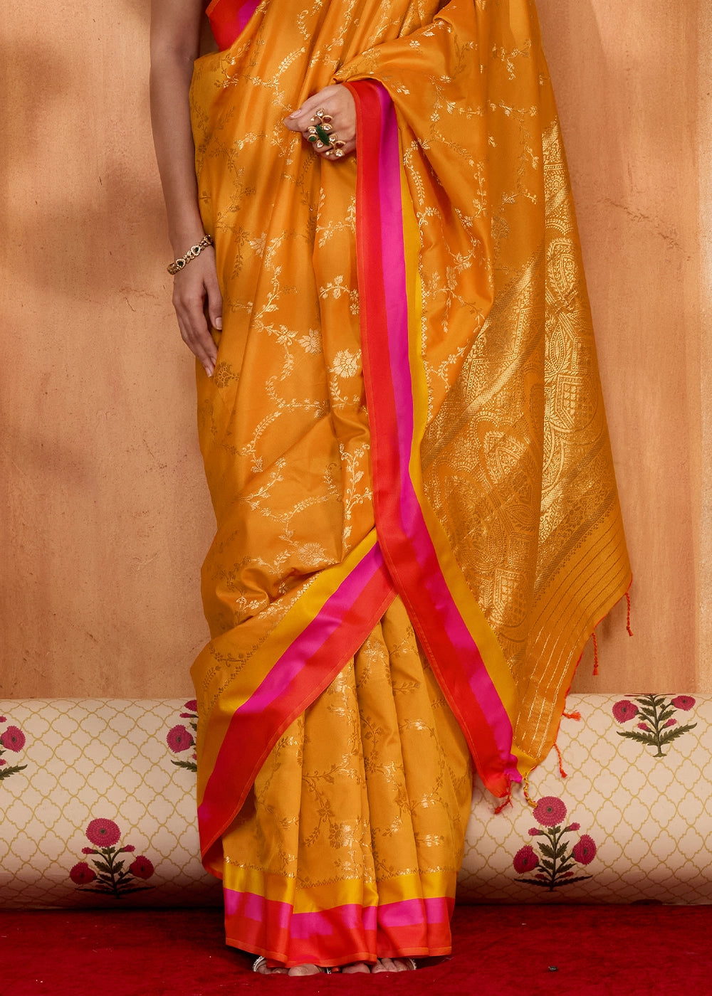 Mustard Yellow Soft Silk Satin Patta Handloom Saree