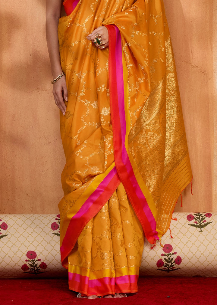 Mustard Yellow Soft Silk Satin Patta Handloom Saree