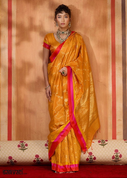 Mustard Yellow Soft Silk Satin Patta Handloom Saree