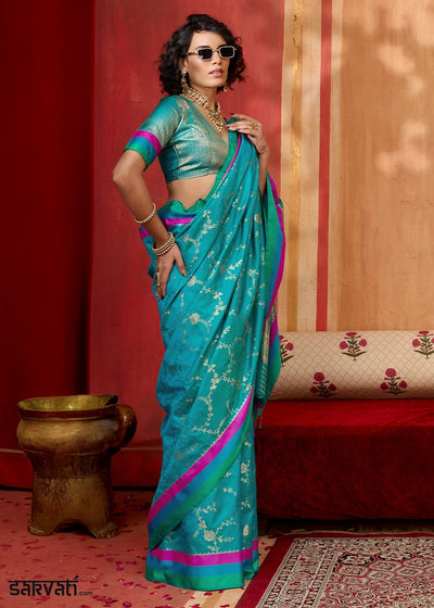 Cerulean Blue Soft Silk Satin Patta Handloom Saree
