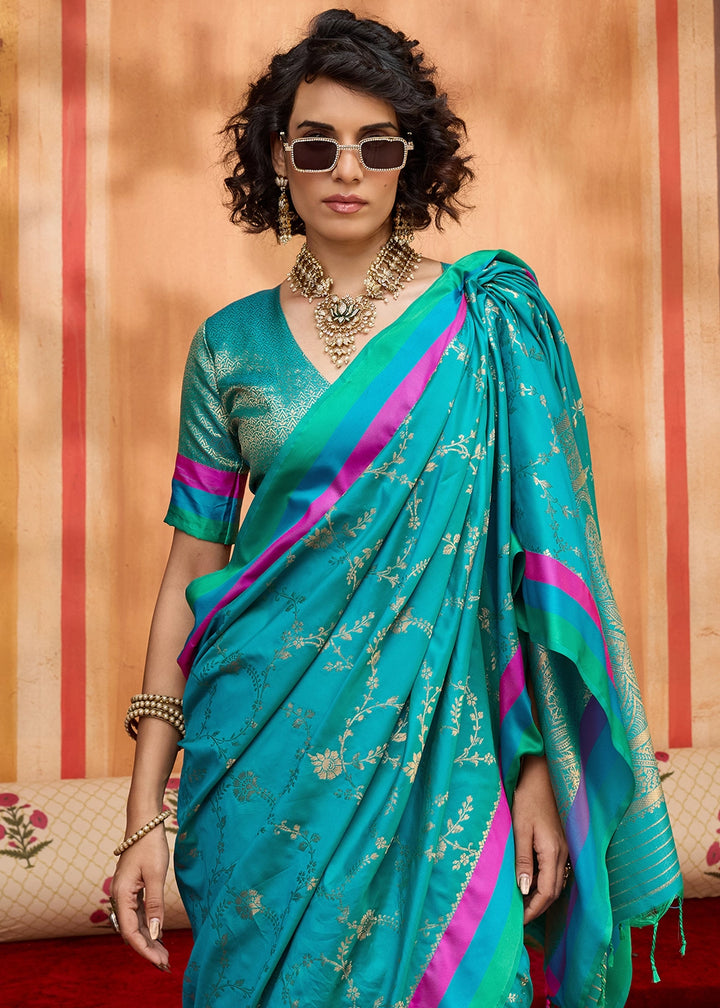 Cerulean Blue Soft Silk Satin Patta Handloom Saree
